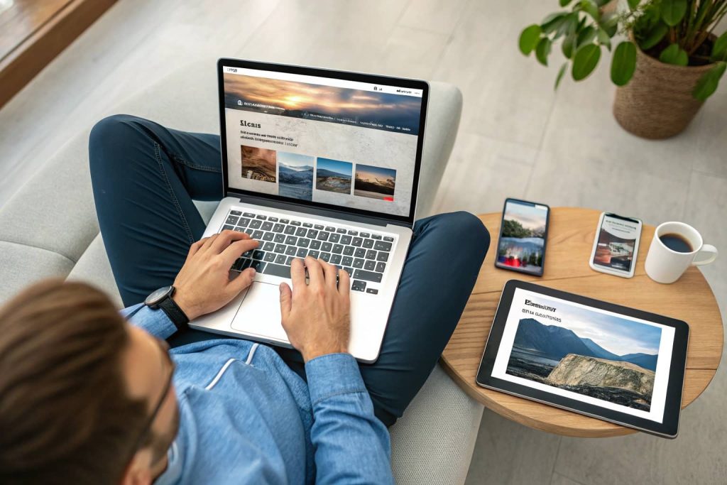ThemeForest review 2025. "Illustration of a person previewing a WordPress theme demo on laptop, mobile, and tablet screens"