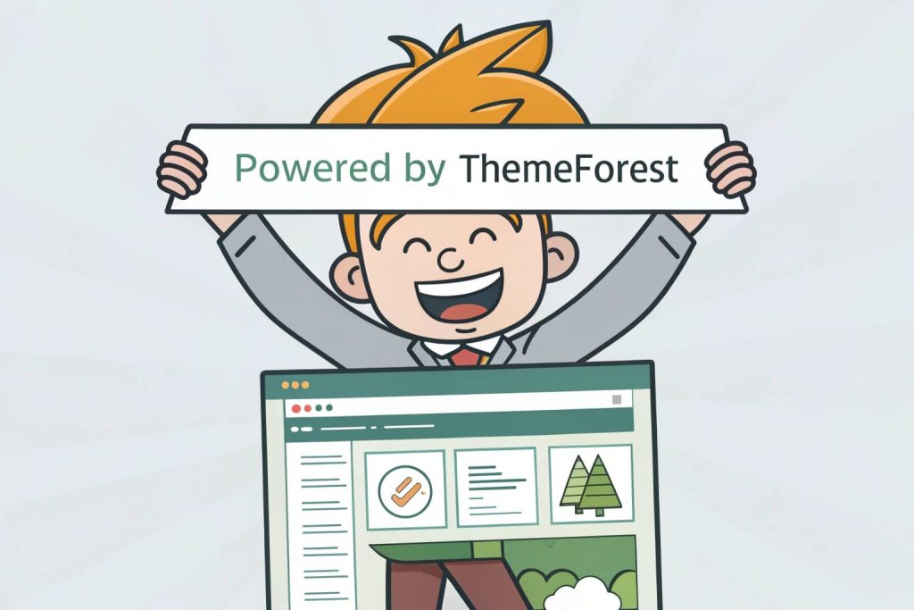 ThemeForest review 2025. "Smiling developer or entrepreneur holding a finished website with a ‘Powered by ThemeForest’ banner above"